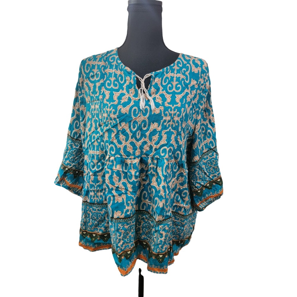 Vivilli Teal Damask Print Babydoll Peasant Blouse Tassel Tie Top Large